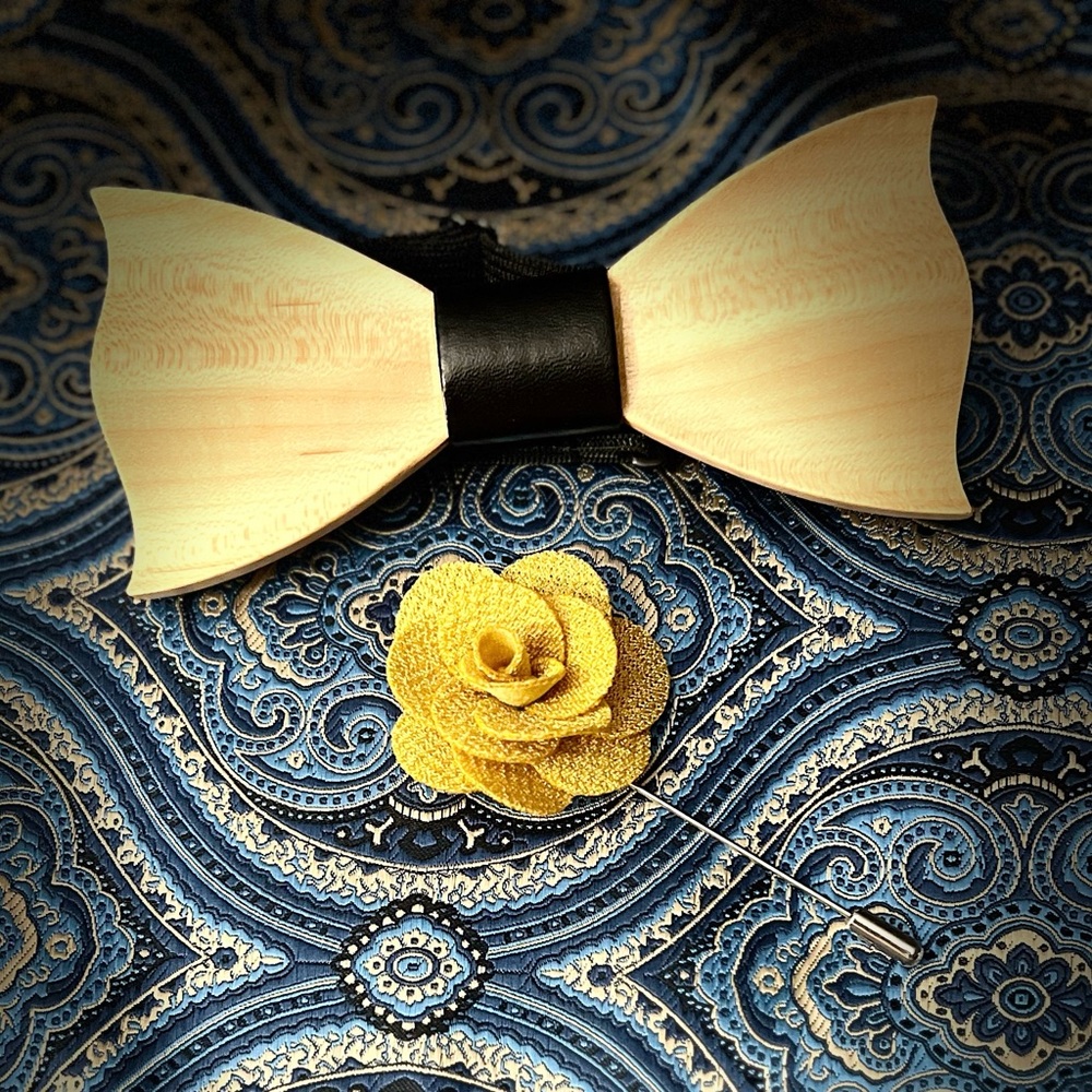 Yellow and Black Wooden Bow Tie with Lapel Pin
